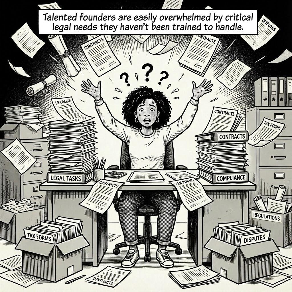 Talented founders are easily overwhelmed by critical legal needs they haven't been trained to handle.